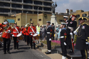 The Lord Lieutenant of Kent Viscount De L’ Isle, taking the Salute. Leading  the Parade is the Regimental Band of the Princess of Wales’s Royal Regiment. (c) Barry Duffield DL.